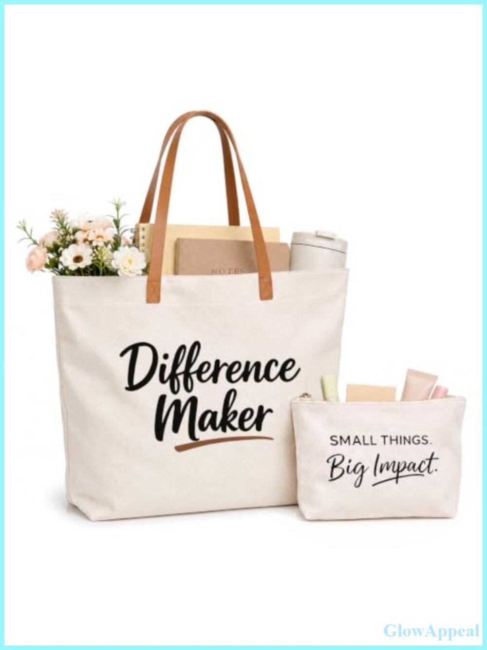 Canvas Tote Set with Pouch Vegan Leather Handles 2 Piece